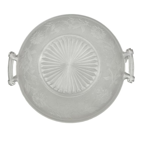 Serving Dish 9 inch Clear Glass Etched Flowers 2 Handles - Picture 5 of 7